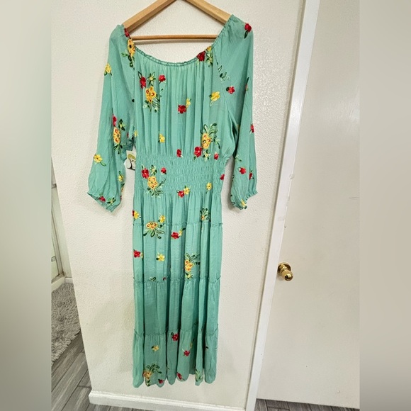 Anthropologie Fig and Flower Aqua Floral Embroidered Maxi Dress Button Front - Picture 8 of 12